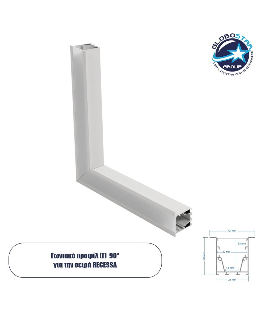 GLOBOSTAR® ALP-CORNER-SIDE90 RECESSA 61788 Χωνευτό Προφίλ Αλουμινίου Γωνία με Λευκό Γαλακτερό Πατητό Κάλυμμα για Ταινίες LED IP20 - Λευκό Ματ - Μ30 x Π3.5 x Υ4cm